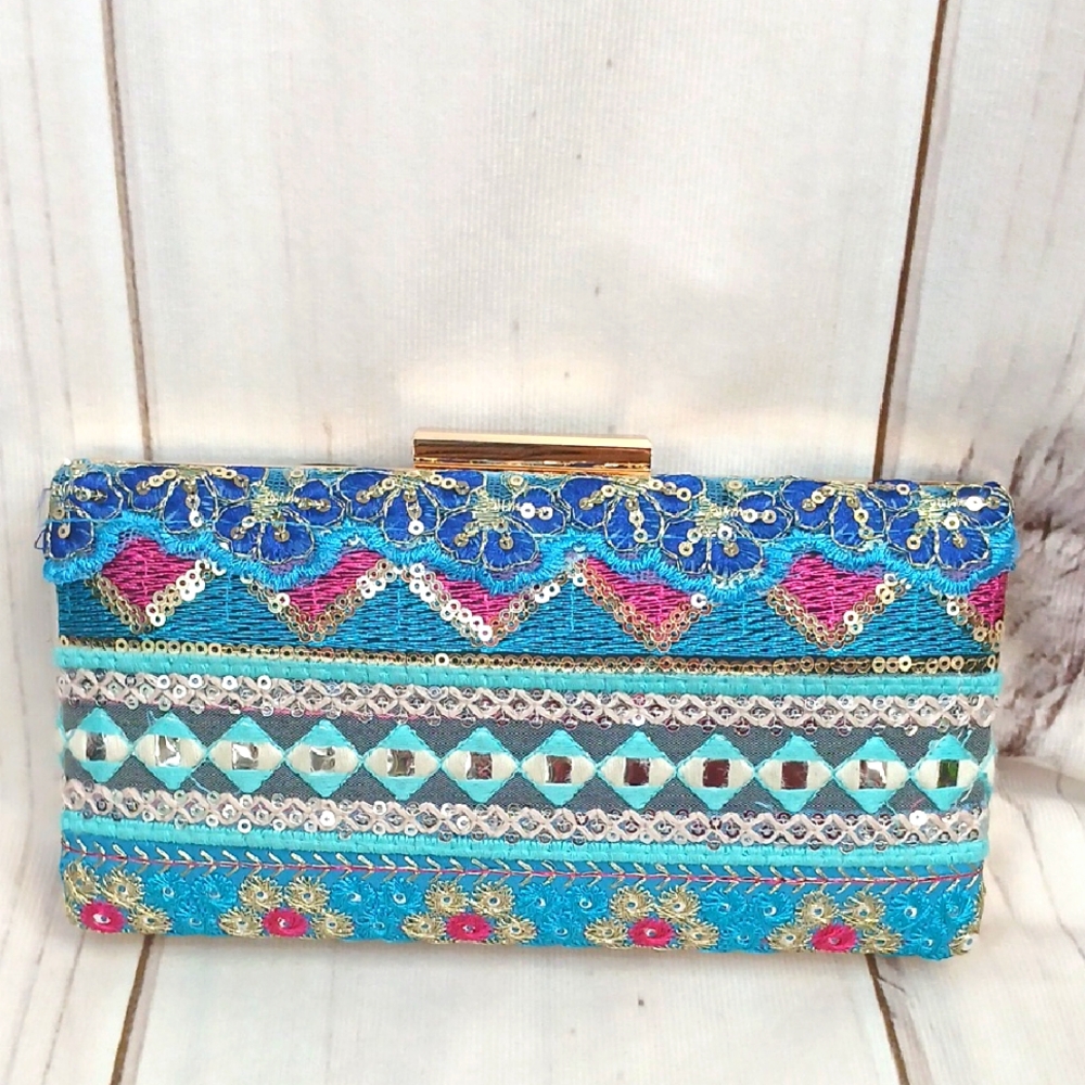 SALE Embroidered Prom Evening Bag Purse Clutch Blue and Pink Accents Boho Prom